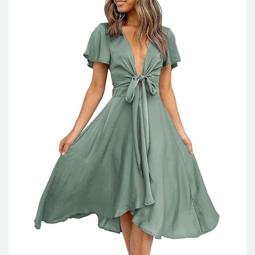 Green High Low Sundress with Flutter Sleeves and V-Neck